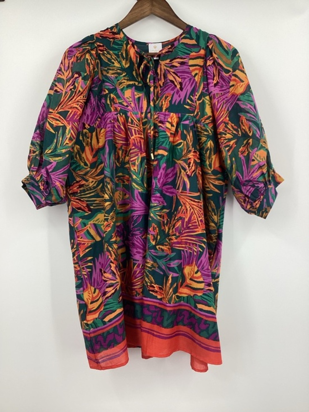 J.Marie Asher Vibrant Green Tropical Print Puff Sleeve Mini Dress with Tie Neck